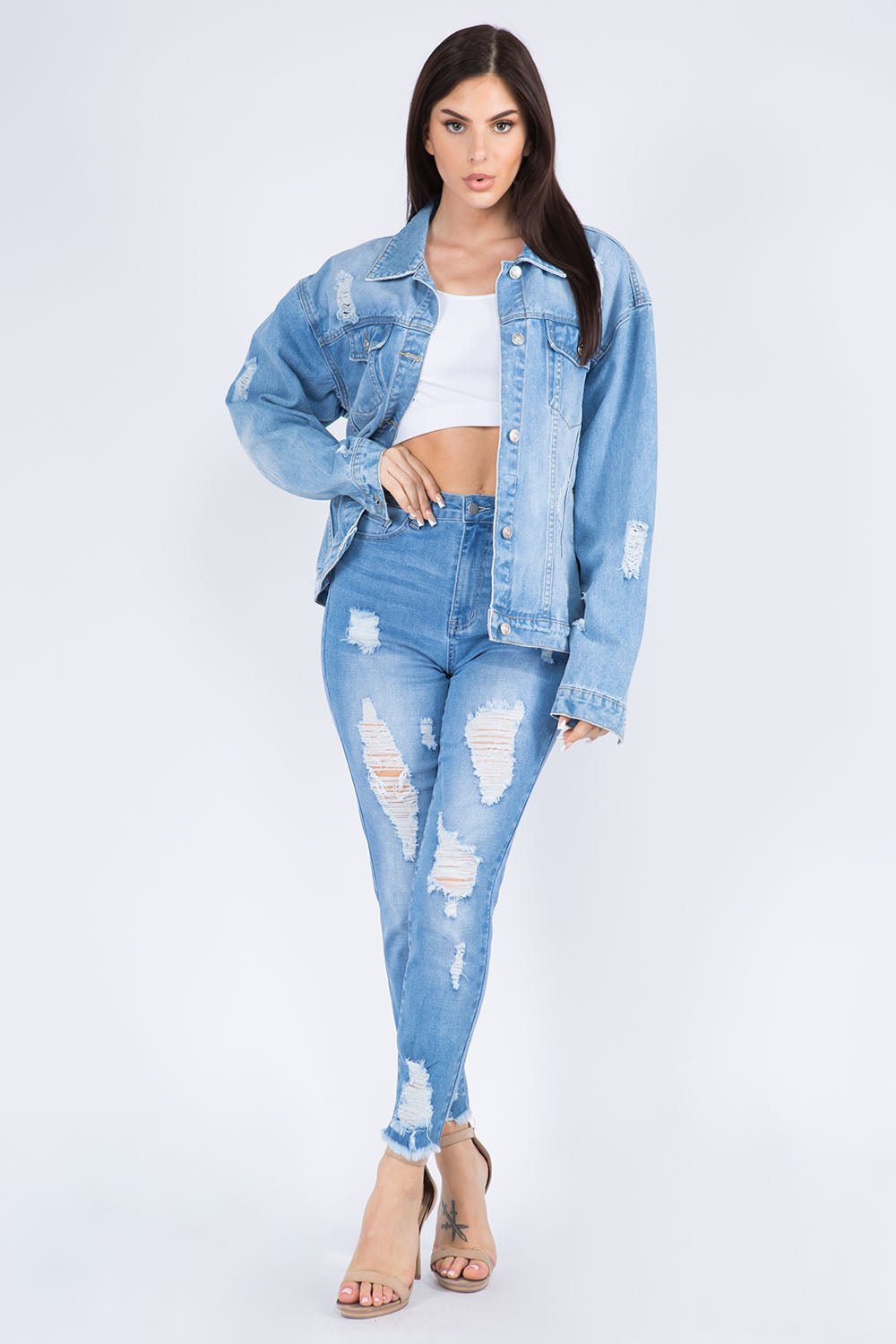 American Bazi Full Size Painted Back Distressed Denim Jacket - Tigbul's Variety Fashion Shop