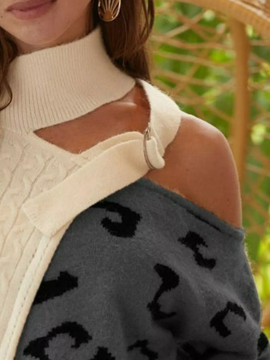 BiBi Cable-Knit Color Block One Shoulder Asymmetrical Sweater - Tigbul's Variety Fashion Shop