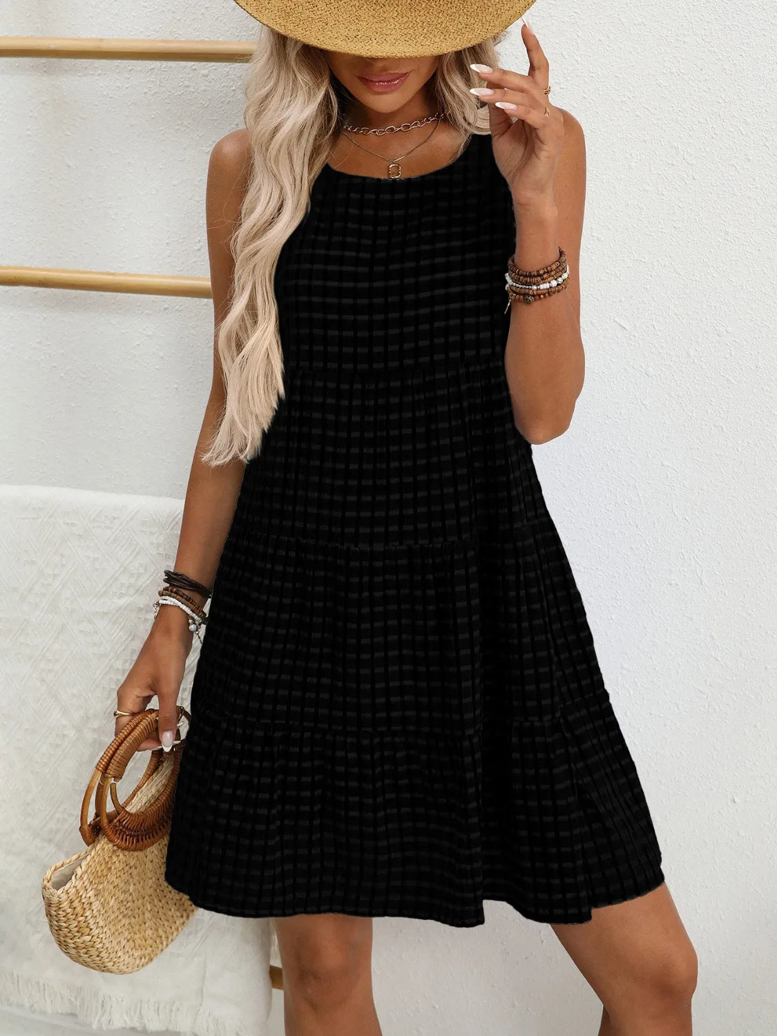 Plaid Round Neck Sleeveless Mini Dress - Tigbul's Variety Fashion Shop