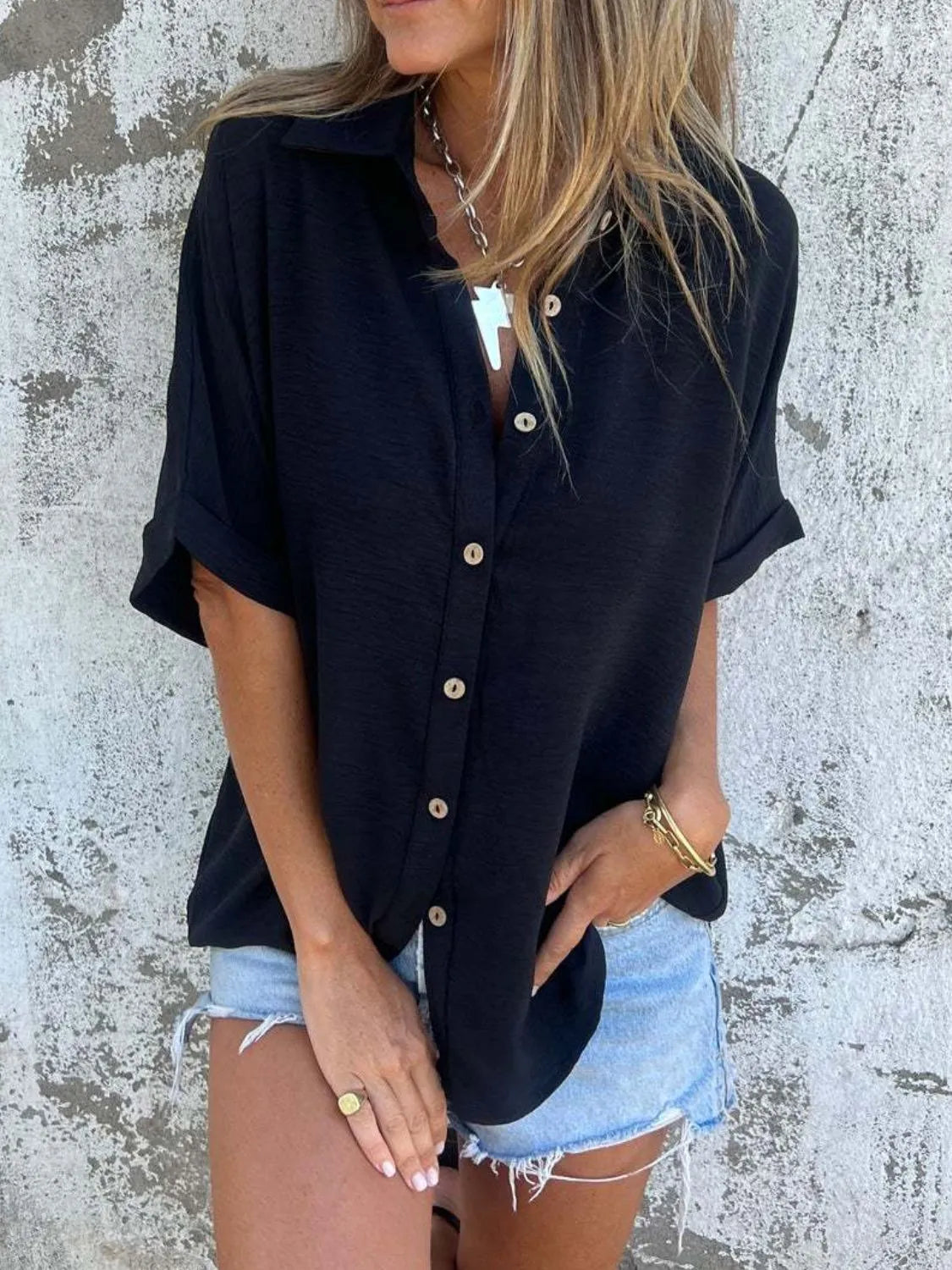 Full Size Collared Neck Half Sleeve Shirt - Tigbul's Variety Fashion Shop