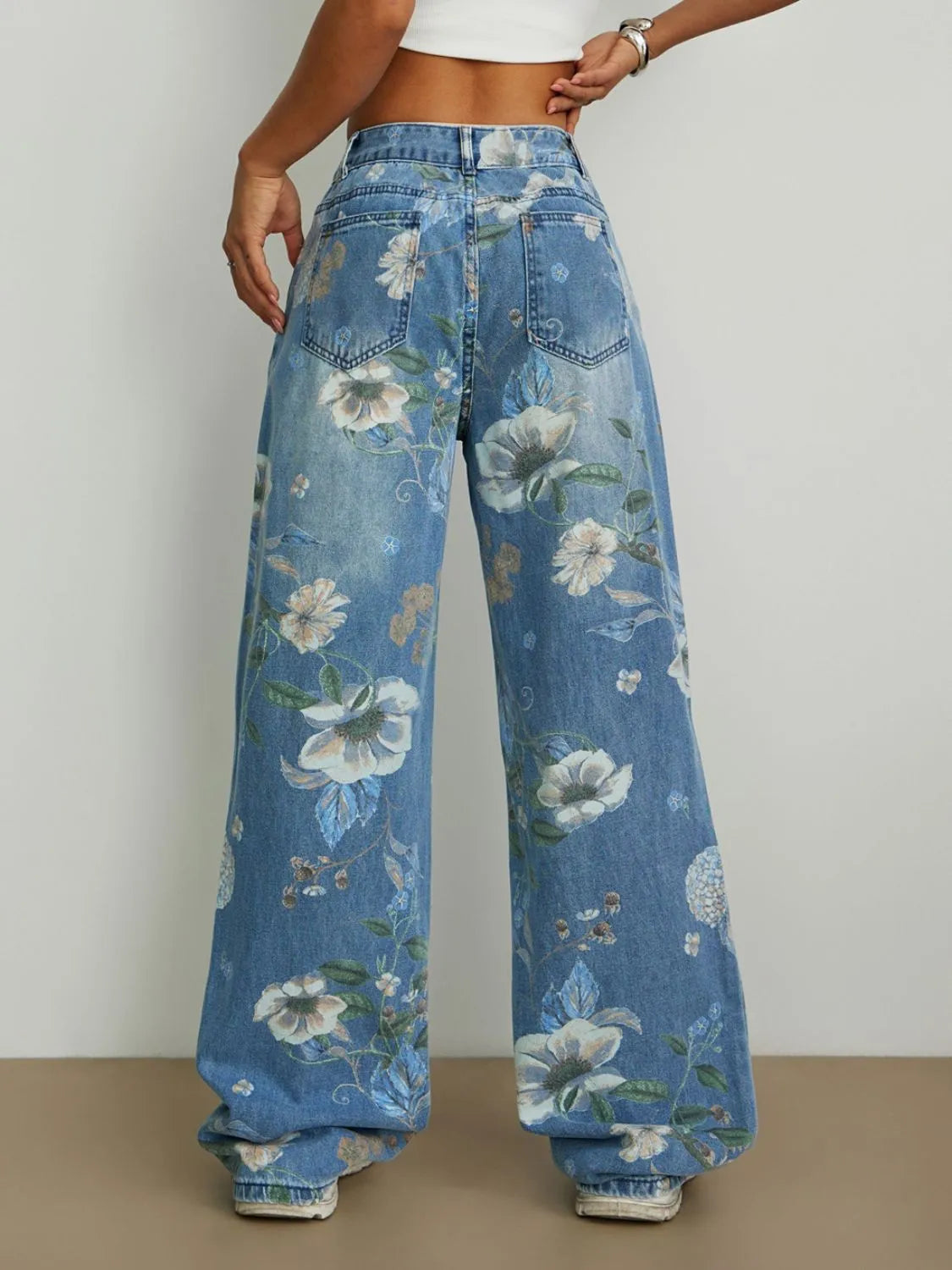 Light Blue Printed Wide Leg Jeans - Tigbul's Variety Fashion Shop