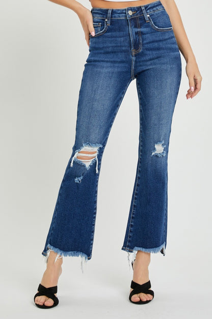 RISEN High Rise Distressed Crop Flare Jeans - Tigbul's Variety Fashion Shop