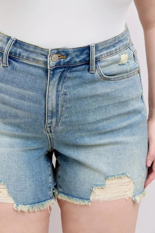 Judy Blue Plus Size High Rise Washed Fly Stitch Detail and Destroy Denim Shorts - Tigbul's Variety Fashion Shop