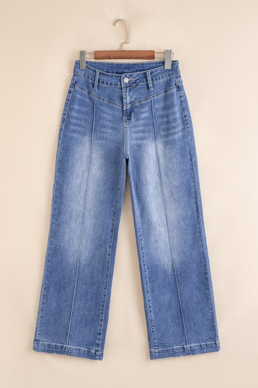 Beau Blue high-rise loose jeans, front view with button fly and belt loops
