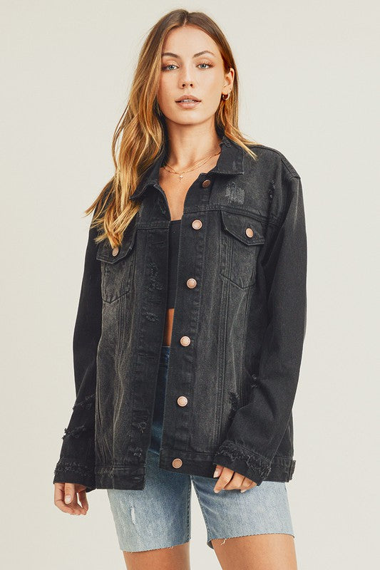 RISEN Full Size Distressed Long Sleeve Denim Jacket - Tigbul's Variety Fashion Shop