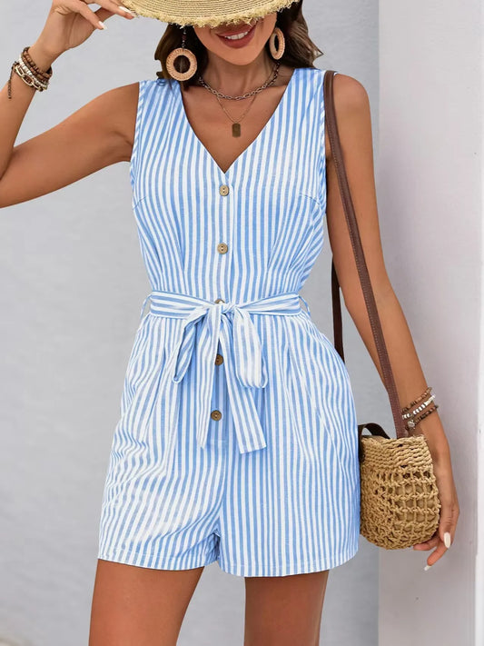 Striped V-neck Button Front Belted Romper - Tigbul's Variety Fashion Shop
