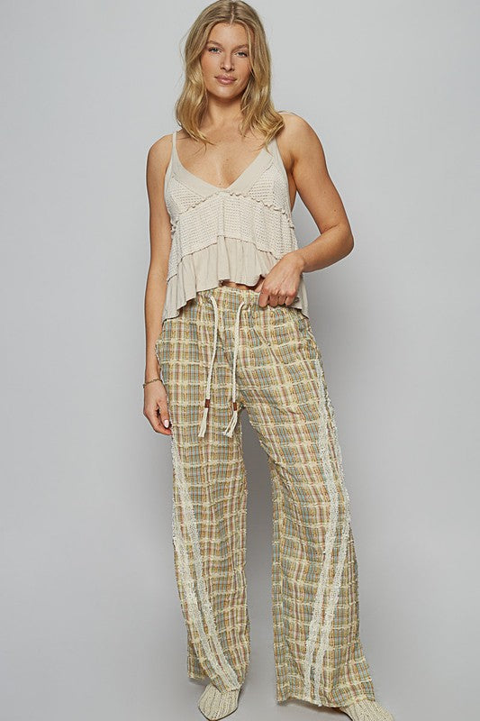 Lace Trim Drawstring Checkered Wide Leg Pants - Tigbul's Variety Fashion Shop