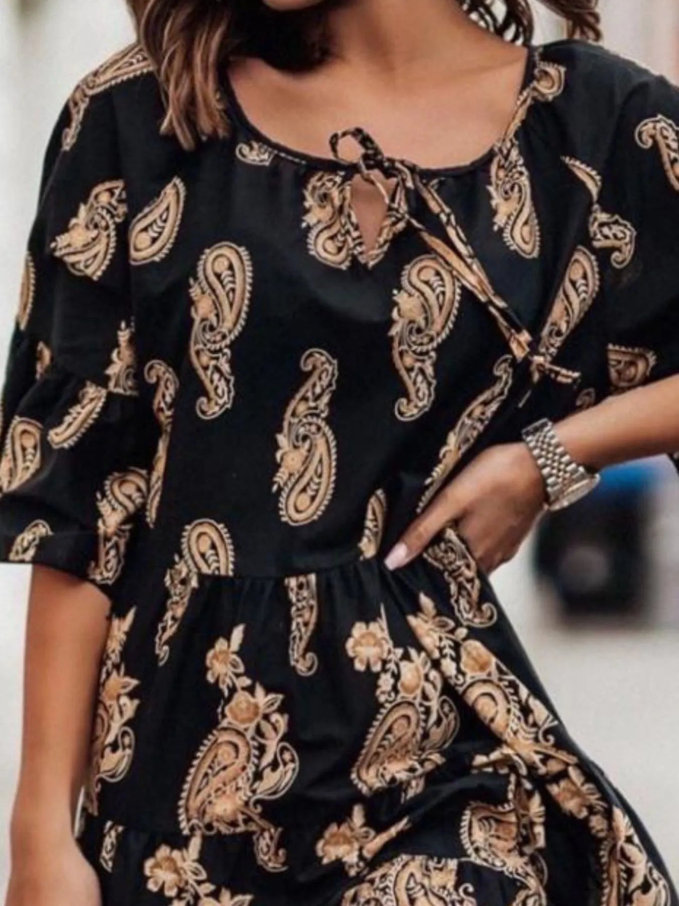 Paisley Print Tie Neck Half Sleeve Mini Dress - Tigbul's Variety Fashion Shop