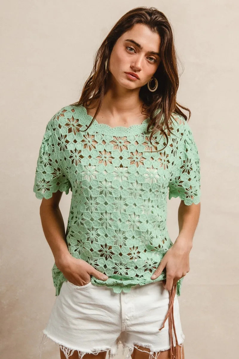 BiBi Openwork Crochet Short Sleeve Knit Top - Tigbul's Variety Fashion Shop