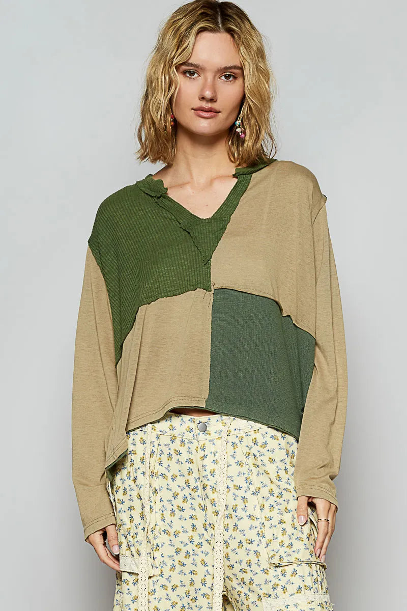 POL Color Block Notched Long Sleeve T-Shirt - Tigbul's Variety Fashion Shop