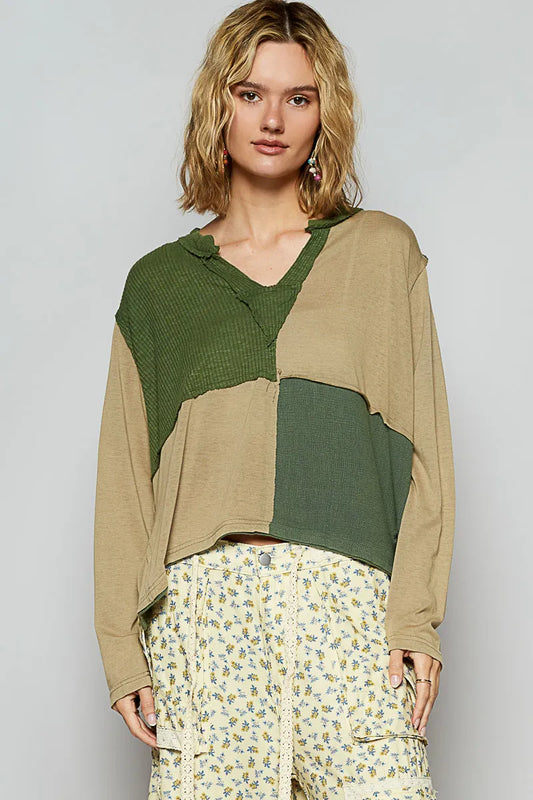 POL Color Block Notched Long Sleeve T-Shirt - Tigbul's Variety Fashion Shop