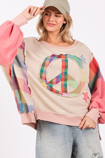 SAGE + FIG Full Size Contrast Peace Patch Dropped Shoulder Sweatshirt - Tigbul's Variety Fashion Shop