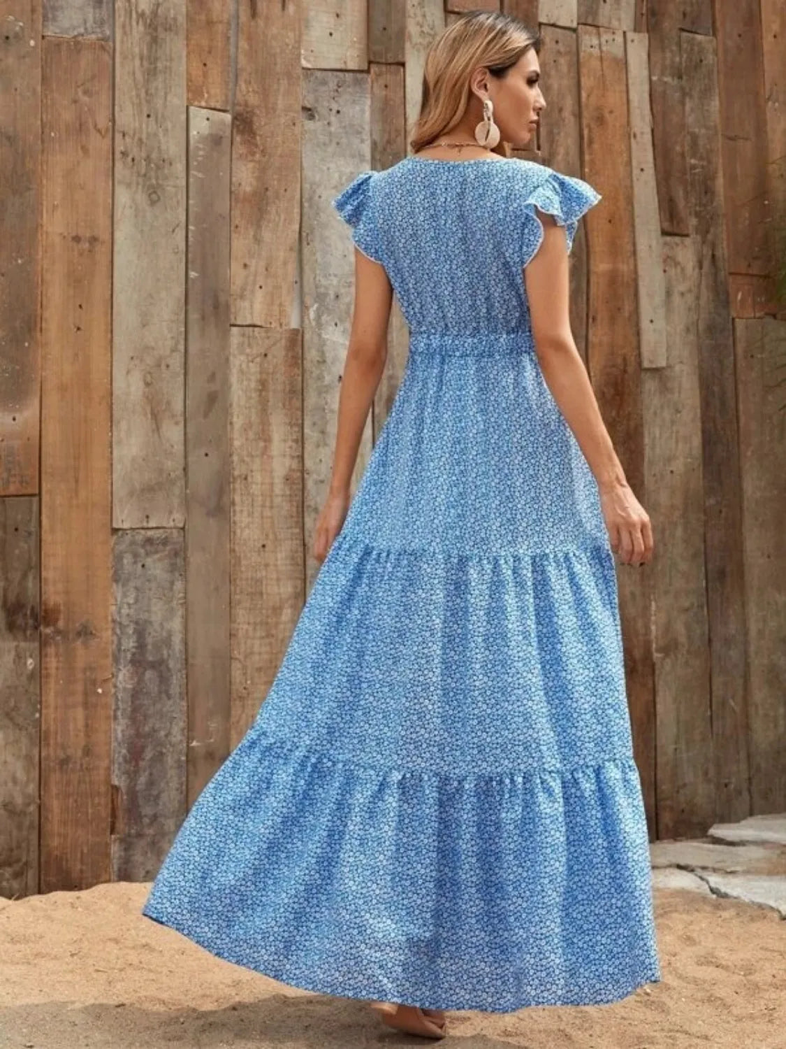 Printed V-Neck Ruffled Cap Sleeve Maxi Dress - Tigbul's Variety Fashion Shop