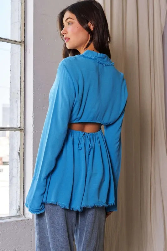 Blue V-Neck Open Back Adjustable Babydoll Shirt - Tigbul's Variety Fashion Shop