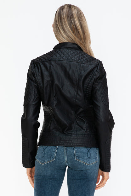 Black Faux Leather Zip Up Mock Neck Jacket