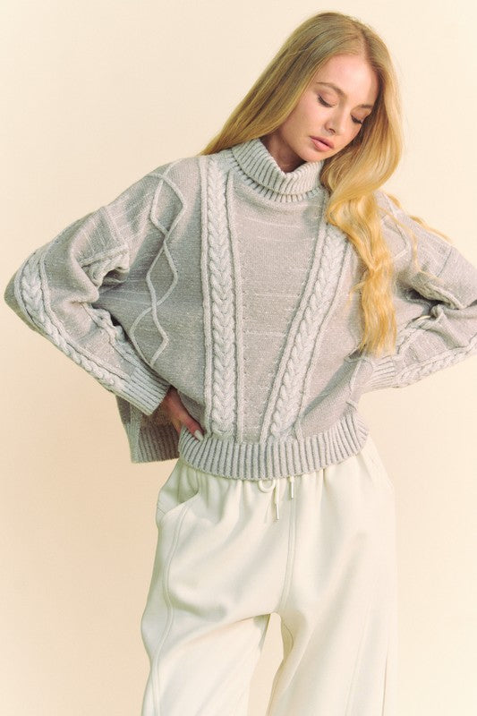 Davi & Dani Cable-Knit Turtleneck Dropped Shoulder Sweater - Tigbul's Variety Fashion Shop