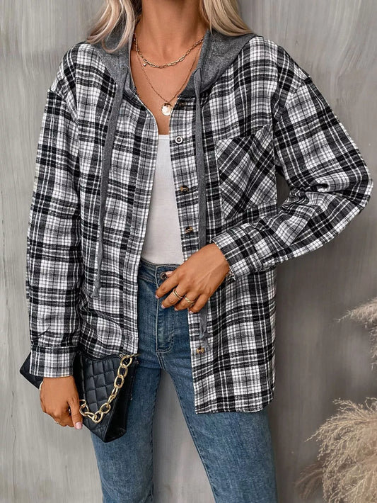 Hooded Plaid Button-Up Shirt - Tigbul's Variety Fashion Shop