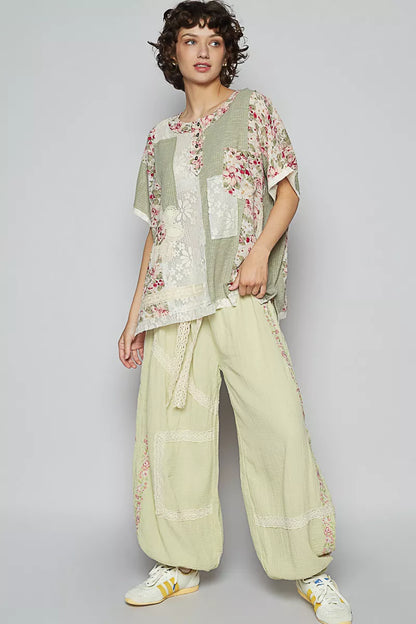 POL Lace Round Neck Short Sleeve Floral Pattern Top with Patch Detail - Tigbul's Variety Fashion Shop