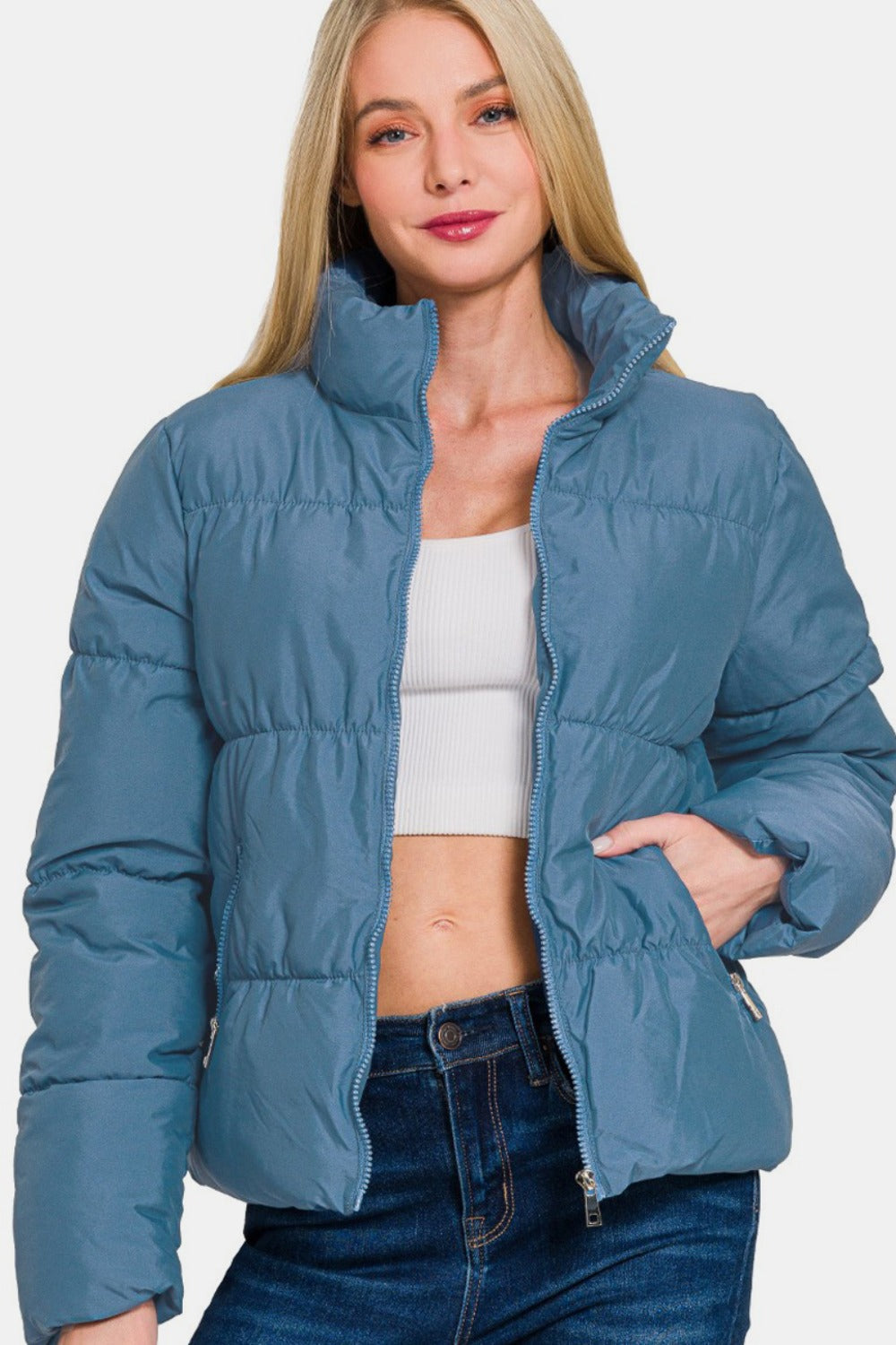 Dusty Blue Zip Up Turtleneck Puffer Jacket with Pockets - Tigbul's Variety Fashion Shop