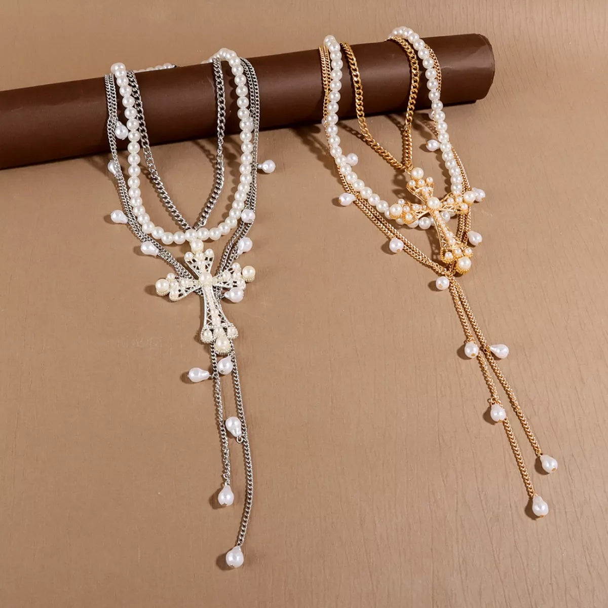 Pearl cross pendant necklace set with white pearls and silver/gold-tone cross pendants