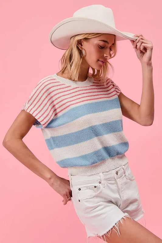 BiBi Stripes Lightweight Short Sleeve Sweater - Tigbul's Variety Fashion Shop