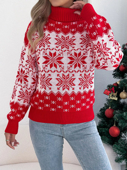 Christmas Snowflake Turtleneck Long Sleeve Sweater - Tigbul's Variety Fashion Shop