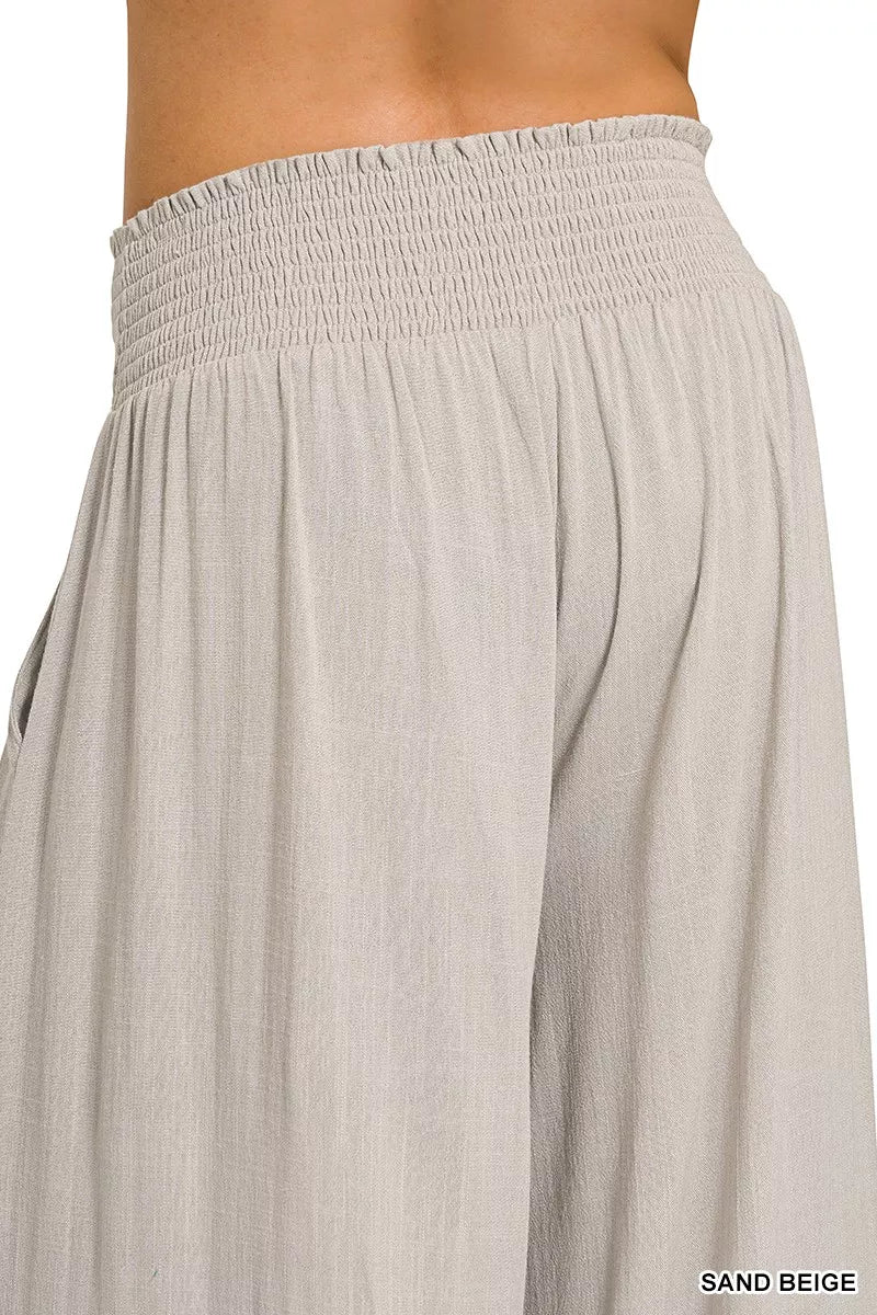 Sand beige wide-leg lounge pants with smocked elastic waist