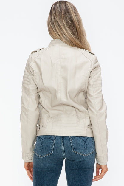 PU Leather Biker Jacket with Side Zip Pockets