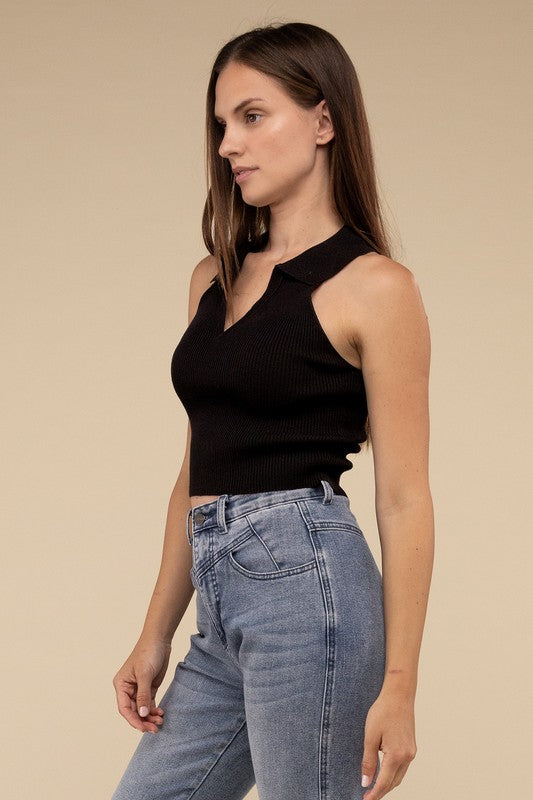 Sleeveless Collared Crop Knit Top - Tigbul's Variety Fashion Shop