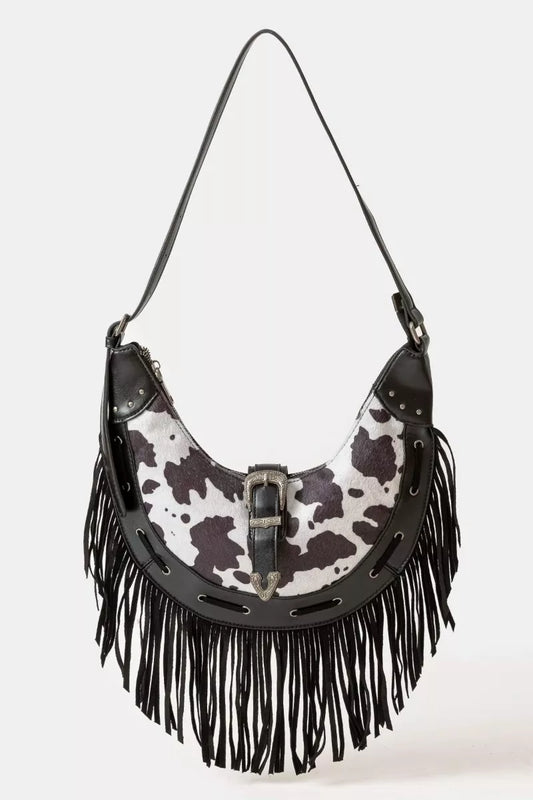 Cow Print Faux Leather Fringe Hobo Bag - Tigbul's Variety Fashion Shop