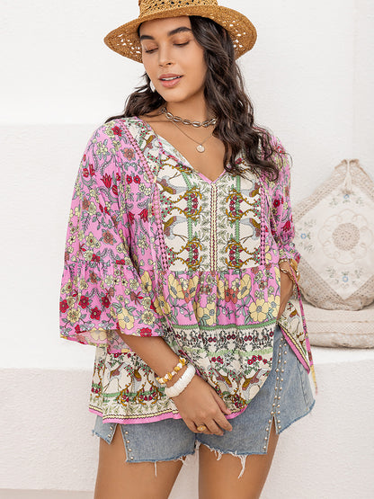 Plus Size Ruched Printed Tie Neck Three-Quarter Sleeve Blouse - Tigbul's Variety Fashion Shop