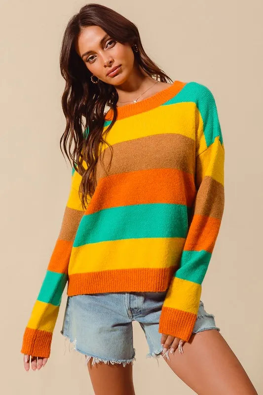 SO ME Multi Color Stripe Sweater with Ribbed Detail - Tigbul's Variety Fashion Shop