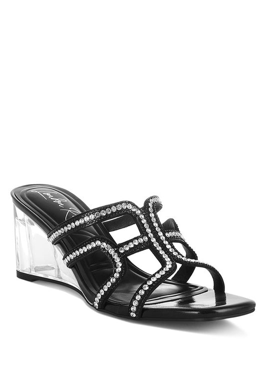 Caqueta Metallic Rhinestone Clear Wedge Sandals | Tigbuls