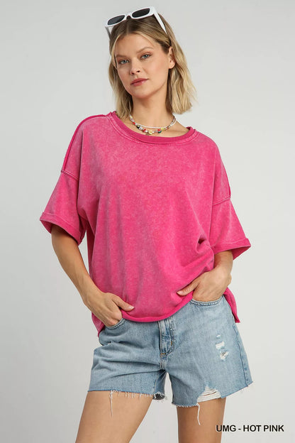 Umgee Mineral Wash Round Neck Top - Tigbul's Variety Fashion Shop
