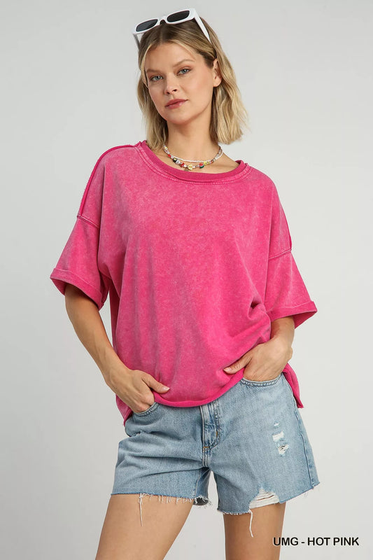 Umgee Mineral Wash Round Neck Top - Tigbul's Variety Fashion Shop