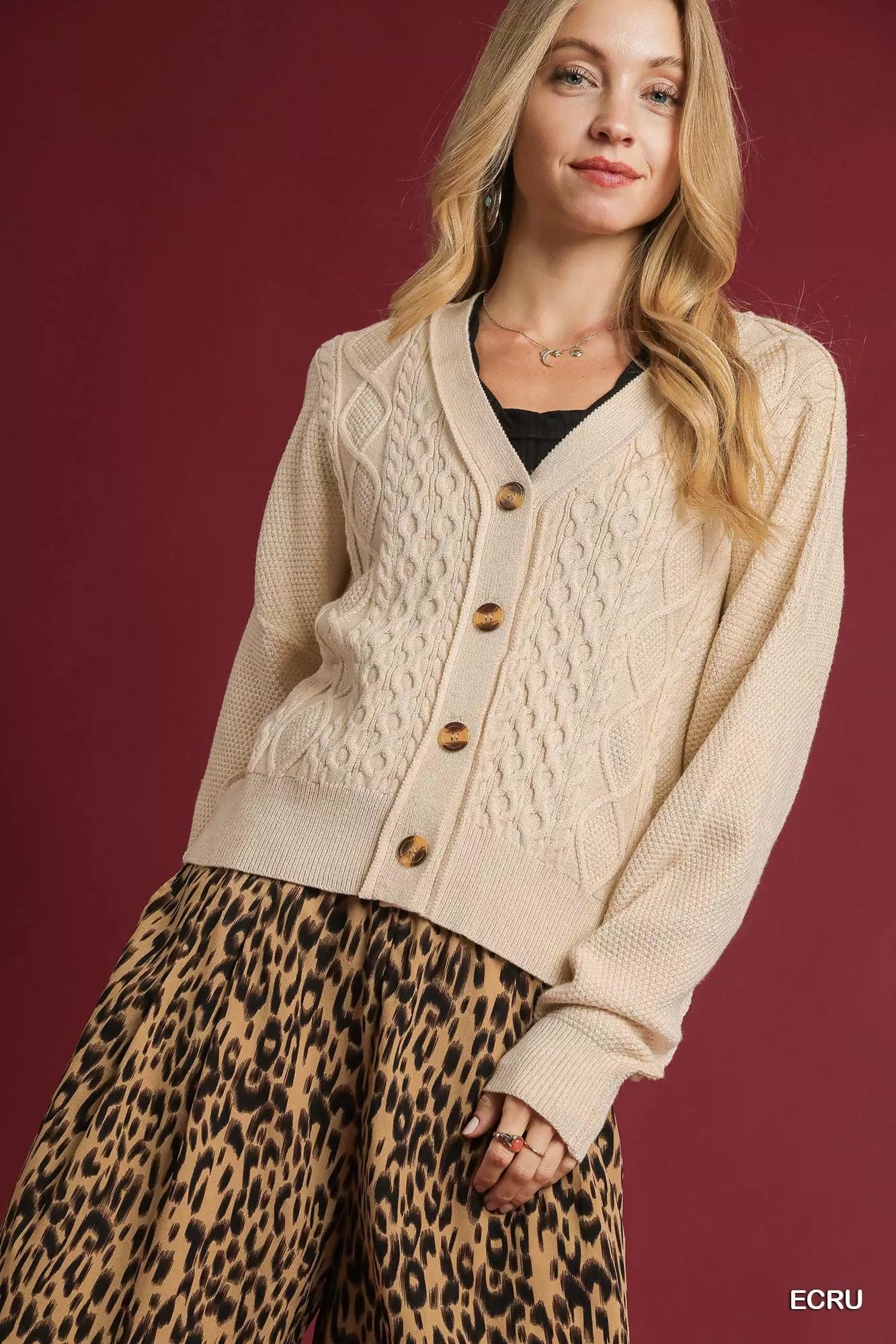 Umgee Chunky Cable Knit V-Neck Button-Up Cardigan - Tigbul's Variety Fashion Shop