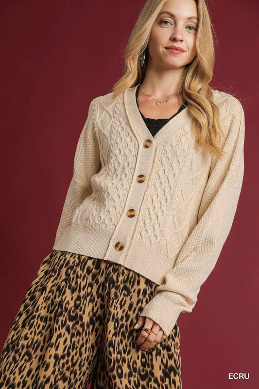 Umgee Chunky Cable Knit V-Neck Button-Up Cardigan - Tigbul's Variety Fashion Shop