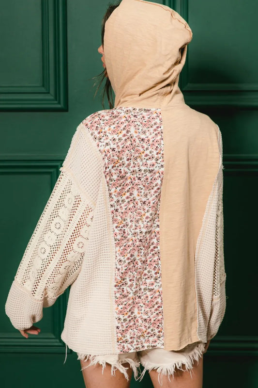 BiBi Slub Jersey with Lace Combo Buttoned Hoodie Top - Tigbul's Variety Fashion Shop