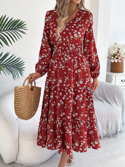Floral Print Long Sleeve V-Neck Midi Dress - Tigbul's Variety Fashion Shop