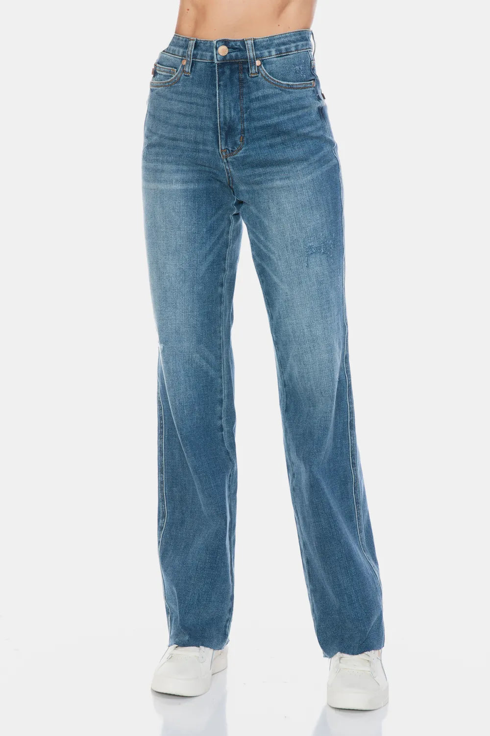 Medium-wash straight jeans front view with button closure and raw hem