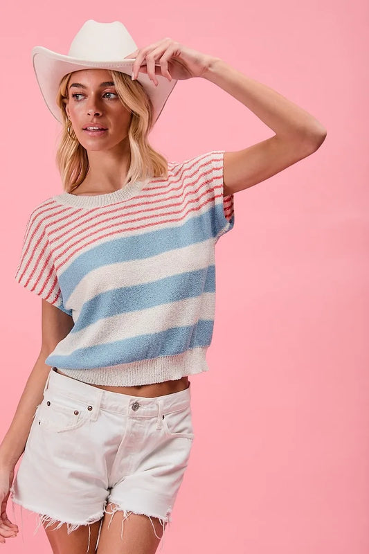 BiBi Stripes Lightweight Short Sleeve Sweater - Tigbul's Variety Fashion Shop