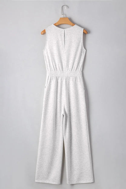 Solid Color Crew Neck Drawstring High Waist Sleeveless Jumpsuit - Tigbul's Variety Fashion Shop