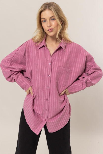 Stripe Button Down Long Sleeve Oversized Shirt - Tigbul's Variety Fashion Shop