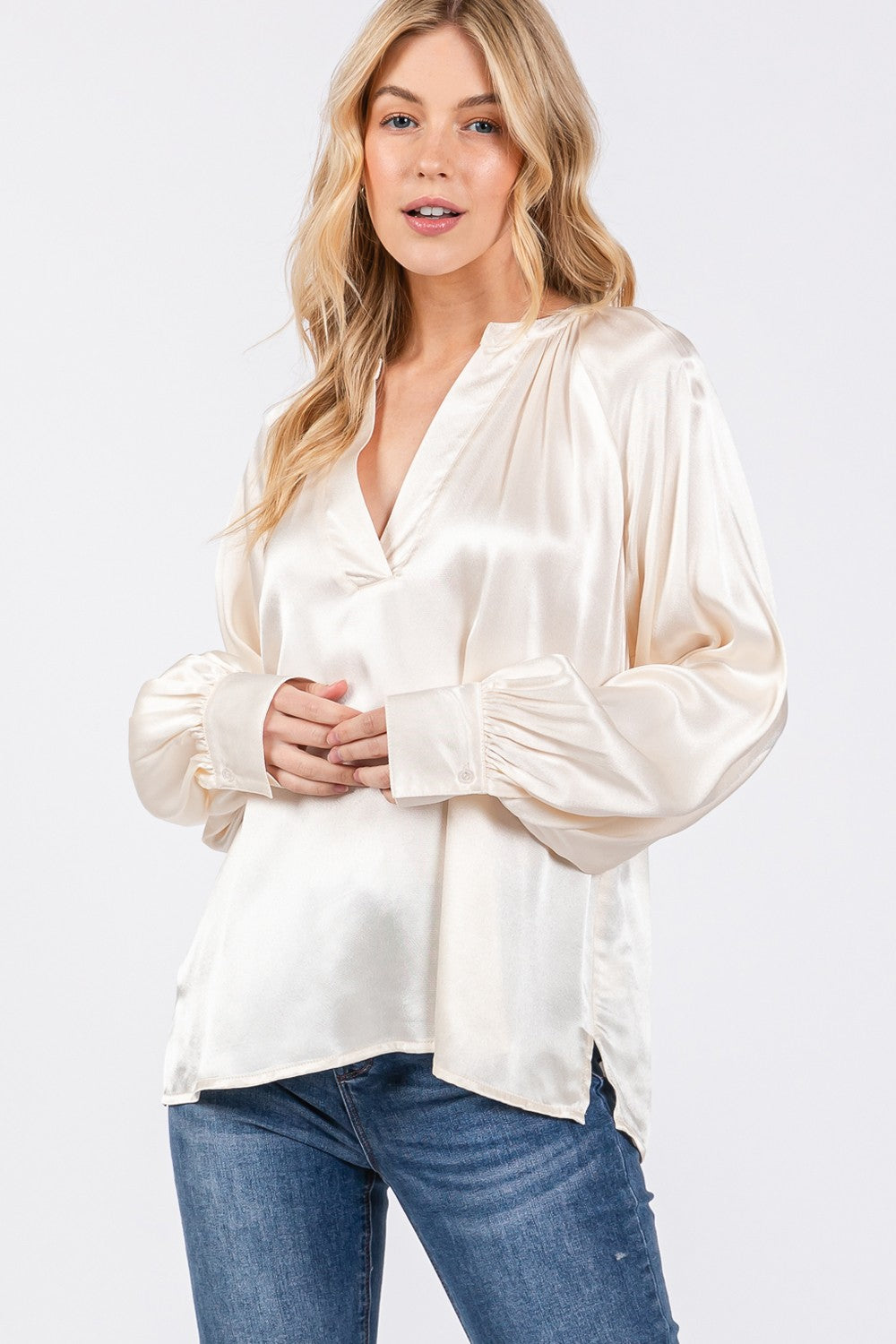 SAGE + FIG Notched Long Sleeve Blouse - Tigbul's Variety Fashion Shop