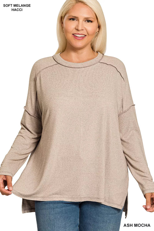 Zenana Full Size Melange Hacci Exposed Seam Hi-low Tee Plus Size - Tigbul's Variety Fashion Shop