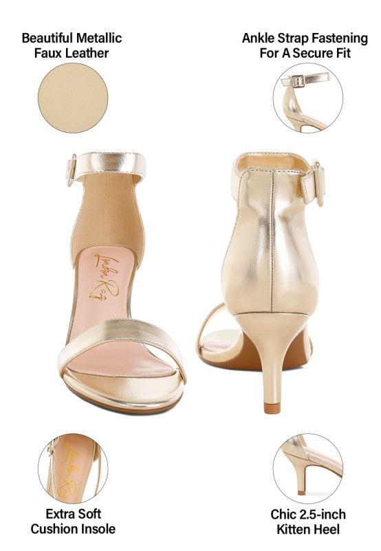 Metallic gold kitten heel sandals with ankle strap fastening and cushioned insole