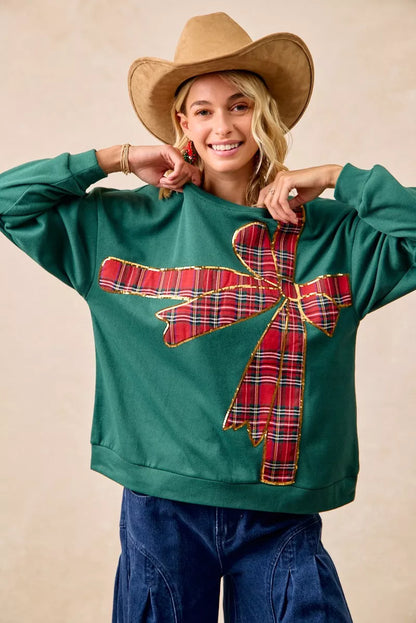 Plaid Ribbon Bow Detail Christmas Fleece Pullover Sweater - Tigbul's Variety Fashion Shop