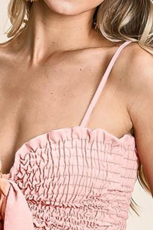 Woven Color Block Smocked with Ribbon Bra Top - Tigbul's Variety Fashion Shop