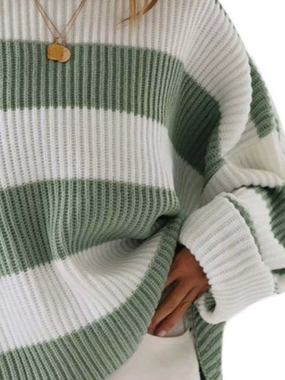 Full Size Contrast Striped Round Neck Sweater Plus Size - Tigbul's Variety Fashion Shop