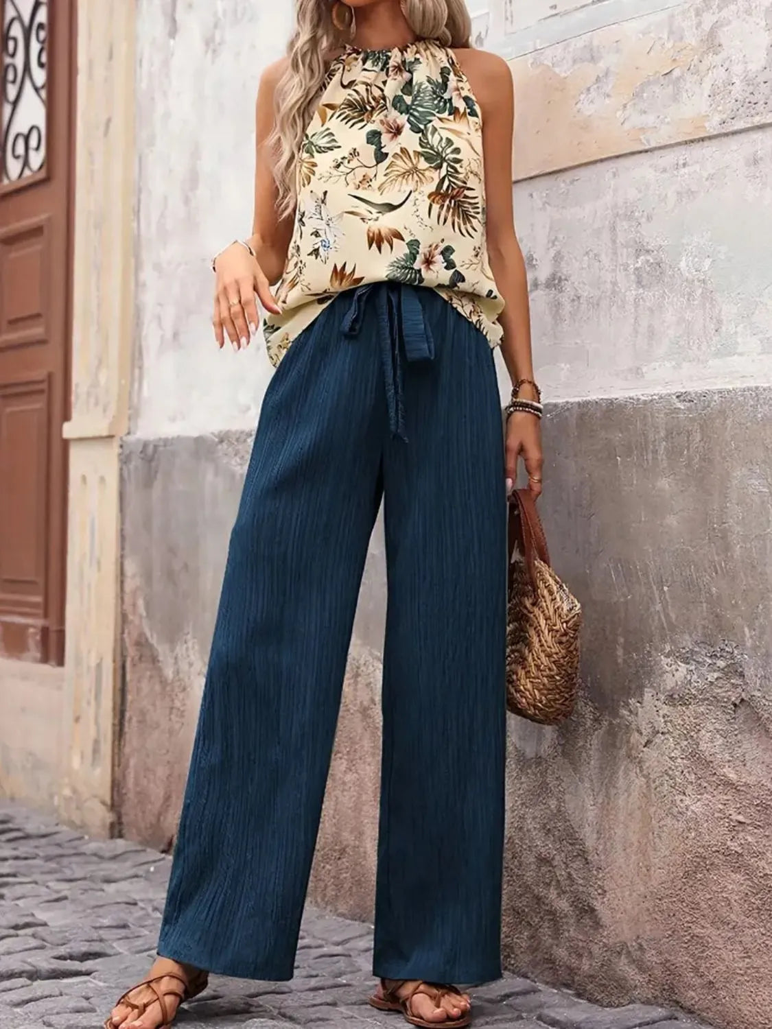 Printed Tank Top and Wide Leg Pants Set - Tigbul's Variety Fashion Shop